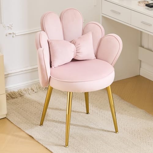 Bonnlo Silla de Maquillaje con Respaldo de Pétalos, Silla Tocador, Sillas de Comedor Elegantes, Patas Doradas Ajustables, Sillón Salón para Tocador, Dormitorio u Oficina en Casa (Terciopelo, Rosa)