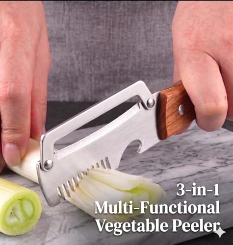 Image of 2 Pcs Multifunctional Vegetable Peeler with Wooden Handle | Stainless Steel Kitchen Peeler with Scallion Shredder and Bottle Opener | 2 in 1 Kitchen Tool