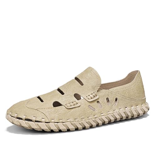 Men's Premium Leather Sandals, Slip-On Closure,Soft, Non Slip, Wear Resistant, Hand Stitched, Hollow Design, Breathable, Fashion Casual Men's Sandals