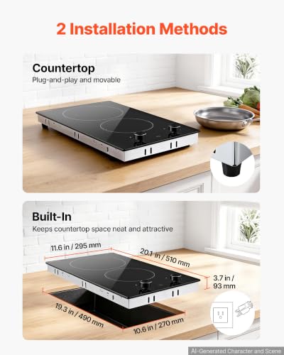 Image of VEVOR Electric Cooktop 12in 2 Burners Portable Stove Top 1800W 120V Plug In, Ceramic Countertop /Built-in Radiant Electric Stove, with 11 Power Levels, Over-Heat Guard, Knob Control