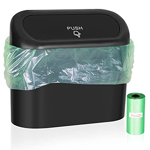 Wontolf Car Trash Can Bin with Lid Small Leakproof Car Garbage Can Mini Vehicle Trash Bin w/ 30pcs Car Trash Bags Garbage Dustbin Organizer Container for Car Office Kitchen Bedroom Home