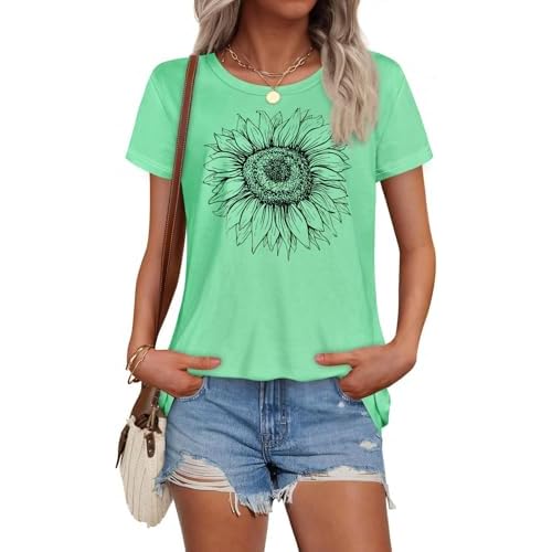 T Shirts for Women Summer Short Sleeve Crewneck Casual Cute Graphic Basic Tees Tops 2026 Small Green Sunflower