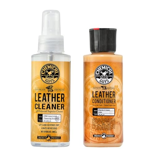 Chemical Guys Leather Cleaner and Conditioner Kit - 2 Bottles (4 oz Each), Car Cleaner and Conditioner, Safely Cleans & Conditions Leather Car Interiors, Furniture, Shoes, Boots, Bags, Apparel & More by Chemical Guys - Used condition - US$11.30
