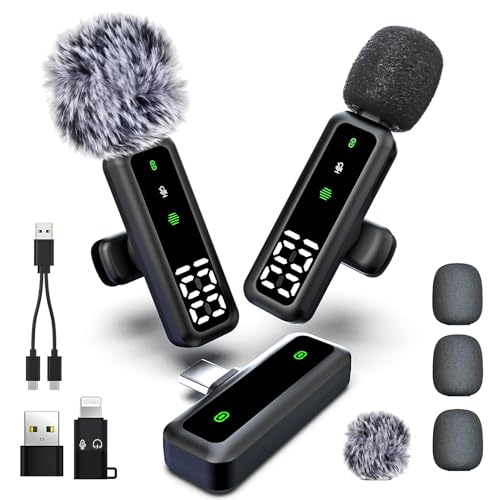 Wireless Lavalier Microphone with LED Display, Lavalier Microphones Clip on Mic With Noise Reduction, for Video Recording, Tiktok, Youtube, Vlog Podcast Content Creator (Shiny black)