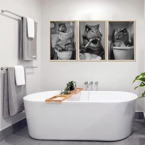 Kyiyhzp Funny Dinosaur Bathroom Wall Art Dinosaur on Toilet Canvas Print Painting Black And White Animal in Bathtub Wall Decor Artwork for Kids Room Restroom Home Decoration 16x24in Poster by Kyiyhzp - Used condition - Image 5