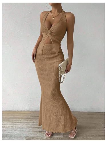 Image of SOLY HUX Women's Two Piece Outfits Twist Front Halter Cami Tops and Skirt Summer Set
