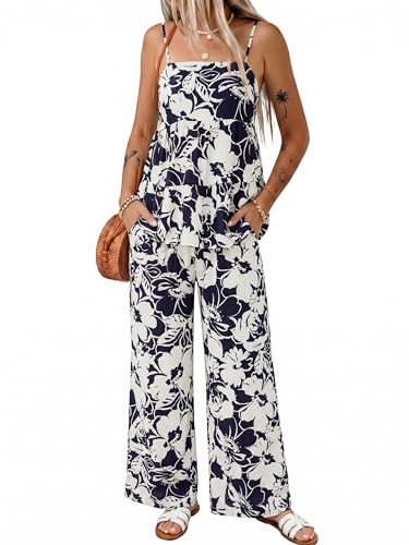 Glamaker Womens Summer 2 Piece Sets Floral Spaghetti Tank Top Wide Leg Pants Trendy Travel Beach Vacation Outfits 2026 (Navy Blue Floral M)