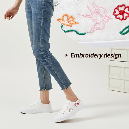 Women Canvas Sneakers with Embroidered Flower,Lace up White Tennis Shoes,Casual Low Top Fashion Sneakers 6