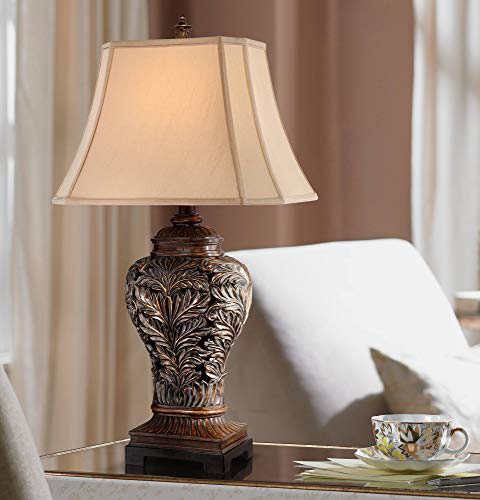 Leafwork Traditional Style Tall Table Lamp Bronze Brown Curling Leaves Tan Rectangular Shade Decor for Living Room Bedroom House Bedside Nightstand Home Office Entryway Family - Barnes and Ivy