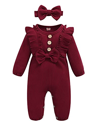 Newborn Baby Girl Clothes Romper Cute Baby Girl Stuff Cotton Newborn Girl Clothes Ruffle Baby Girl Outfits Gifts Maroon 0-3 Months Baby Girl Clothes