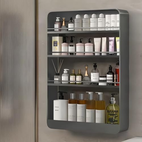 壁に棚 洗面台 洗面所 浴室 収納ラック おしゃれ お風呂 収納 オープンスペース付き Storage Cabinet ステンレス製 壁面収納 隙間収納 調味料 収納 空間を有効活用 すき間収納 キッチン 収納家具 省スペース(グレー,50x8x70cm)