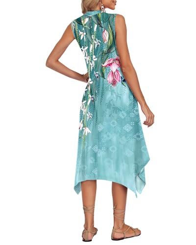 Image of AUSELILY Women Summer Midi Dress, Sleeveless Casual Asymmetrical & Pockets | V-neck midi sundress, asymmetrical flowy hem & side pockets, great for beach, vacation and daily wear