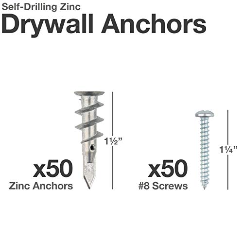 Qualihome Heavy Duty Zinc Self Drilling Drywall Anchors And Screws Kit | Includes 50 Drywall Anchors, 50 #8 1-1/4 Inch Screws & Reusable Storage Case | Anchors Are Made In The Usa #TOP2