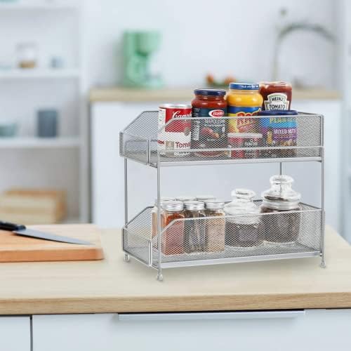 LIANTRAL 2-Tier Kitchen Cupboard Organiser, Under Sink Shelf with Sliding Drawer, Spice Rack, Pull-Out Sliding Storage Baskets Metal Shelf Organizer for Kitchen Cabinet, Bathroom