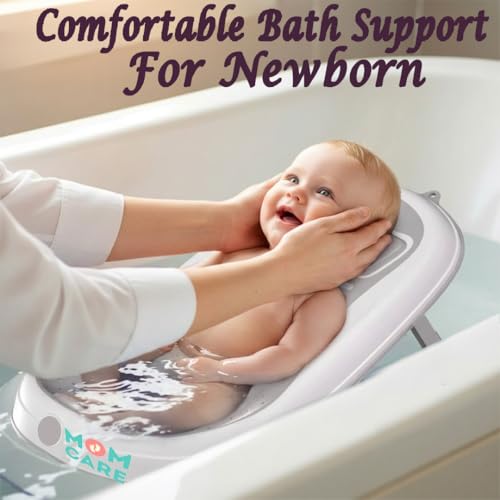Image of MOM CARE Foldable Baby Bath Support Seat for Newborn (0-6 Months) | Anti-Slip Silicone Baby Bather | Ergonomic Infant Bath Seat for Sink, Tub & Floor | Portable Newborn Bath Support Chair | Grey