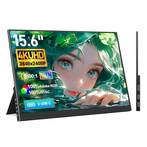 Ueplain 15,6 Zoll 4K UHD 3840 x 2400 Portable HDR Monitor, HDMI 2 USB-C Tragbarer Monitor mit 100% AdobesRGB 1500:1 Kontrast 100% NTSC Display für PC, Laptop, PS5/4, Xbox und Switch, VESA-kompatibel