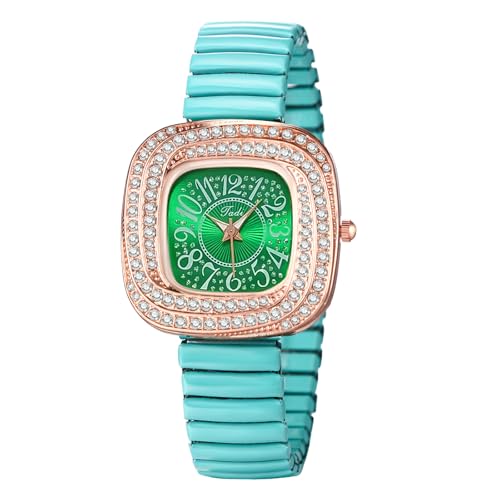 Lancardo Reloj de pulsera con banda elástica cuadrada: cuarzo analógico, números grandes, diamantes de imitación, banda elástica de expansión, fácil de leer, Navidad, Verde