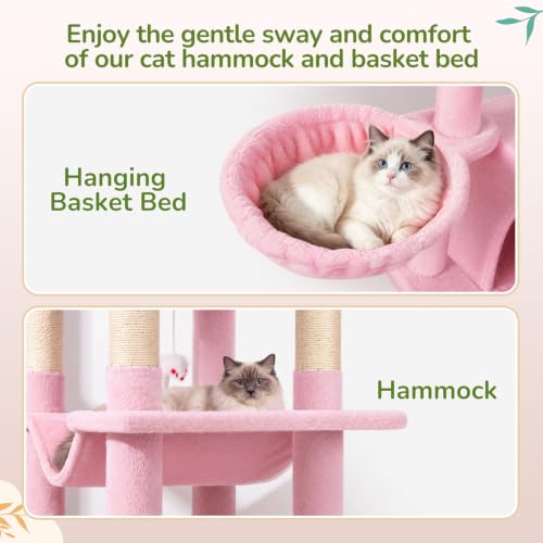 Image of Globlazer 66in Pink Corner Cat Tree Tower for Indoor Large Cats, C66, Pink | Space-Saving Stable Cute Cat Tower with 6 Scratching Posts, 2 Large Fan-shaped Condos & Top Perch, Hammock, Climbing Steps