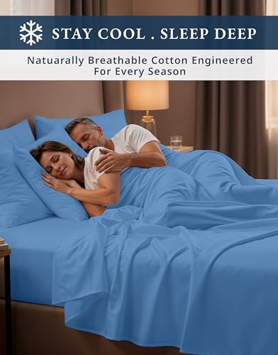 Image of LANE LINEN Cooling Sheets Queen 100% Egyptian Cotton Sateen - Blue Jasper
