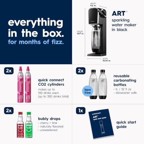 Image of SodaStream ART Sparkling Water Maker, Value Bundle, Soda Maker, Includes 2 Quick Connect 60L CO2 Cylinders, 2 Dishwasher Safe BPA Free Bottles, 2 bubly Flavor Drops, Make your own Pepsi, Black