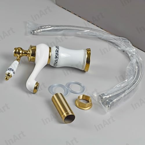 Image of InArt White Gold Glossy Finish Basin Pillar Cock Tap Faucet for Wash Basin, Hot & Cold Water Mixer, Single Handle, Waterfall Design, Table Mount /Deck Mount (Gold White)