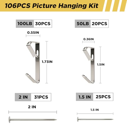 Image of Picture Hanging Hooks 106 Pieces,50lb 100lb Picture Hangers ,Nails Hanging Kit, Metal Picture Hangers for Drywall Wooden Wall,Silver