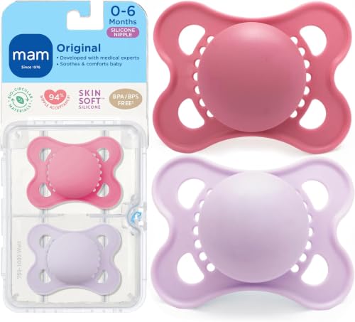 Image of MAM Original Matte Baby Pacifiers 0-6 Months,Binky for Babies,BPA-Free Skin Soft Silicone Nipple, Easy to Clean,Developed with Medical Experts, with Sterilizer Case,Made in Europe,2 Count (Pack of 12)