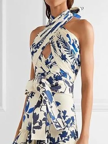 Women's 2025 Summer Crossover Halter Bohemian Print Dress Holiday Style Cross Strap Halter Neck Backless Dres3