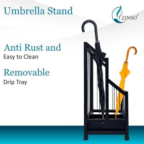 Image of ZINSO Umbrella Stand | Multipurpose Metal Black Rack | Storage Bucket for Umbrellas, Sports Equipment with Detachable Drip Tray | Easy to Clean | Made in India (No Wheels, Black)