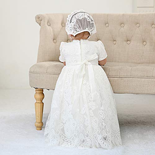 Slowera Baby Girls White Lace Dress Christening Baptism Gowns and Bonnet (Style3, 6-12 Months) - Thumbnail 6