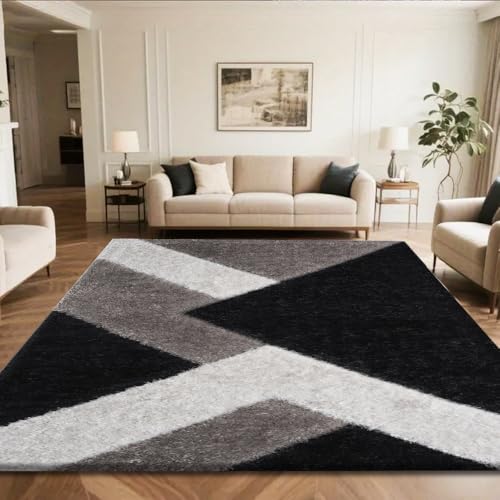 PHP Stylish Large Area Rugs for Living Room - 3D Design Carved Non-Shedding Dense Pile Shaggy Rug for Bedroom Kitchen Carpet Runner Non Slip Floor Mat (Black Grey Silver-Nova, 120 x 170 cm)