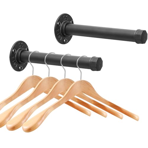 Cast Iron Wall Mounted Clothes Rack, Heavy Duty Industrial Pipe Clothing Rack for Hanging Clothes, Garment Racks for Wardrobe Organizers and Storage, DIY Closet Rods Closet Bar (Black 2 Pack, 8 in)