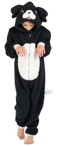Wunsy Kid's Dog Puppy Black and White Onesie All-In-One for Boys or Girls in Soft Fleece with a Tail In Childrens Age Years 12-13 Years BWDog52