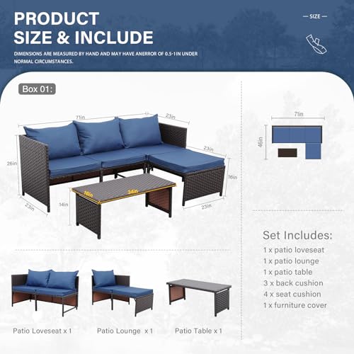 Image of Valita Outdoor Furniture Set 3 Piece Patio Set Patio Conversation Sets Outdoor Sectional Sofa Patio Loveseat Coffee Table with Non-Slip Cushions, Navy Blue