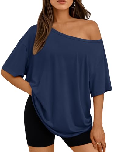 LILLUSORY Off The Shoulder Tops Oversized Tshirts Short Sleeve Basic Tee 2026 Casual Trendy Cute Asymmetrical Summer Fashion Clothes Navy XL