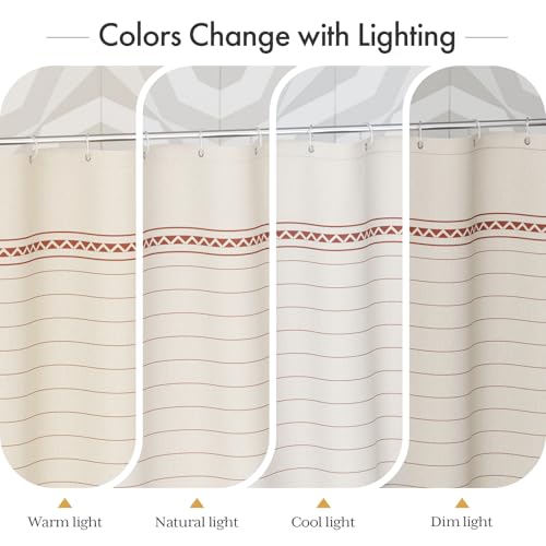 Image of AmazerBath Boho Shower Curtain, Modern Farmhouse Shower Curtain Set with Tassels, Rustic Faux Linen Red Striped Shower Curtain with Hooks, Light Tan Toned, 72x72 Inches