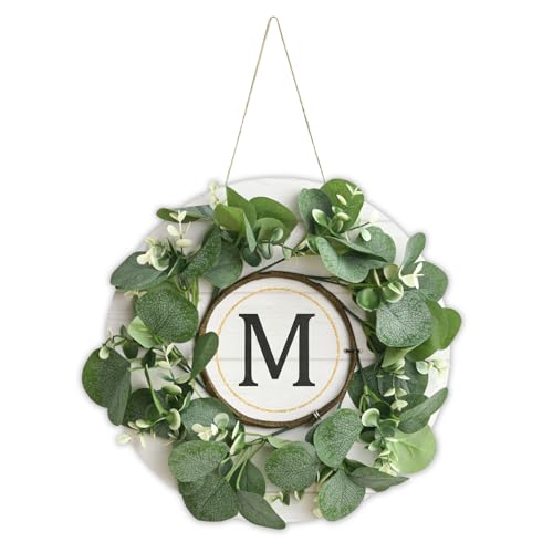 Couronne d'eucalyptus artificielle avec lettre initiale M déco murale printemps été