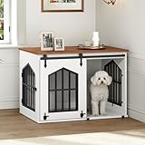 MAHANCRIS Dog Crate Furniture, 31.5" Farmhouse Dog Kennel with Sliding Barn Door, Wooden Dog Cage for Small Medium Dogs, Decorative Pet House Side End Table, Chew-Resistant, White and Walnut DCBA9601
