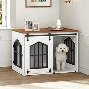 MAHANCRIS Dog Crate Furniture, 31.5″ Farmhouse Dog Kennel with Sliding Barn Door, Wooden Dog Cage for Small Medium Dogs, Decorative Pet House Side End Table, Chew-Resistant, White and Walnut DCBA9601