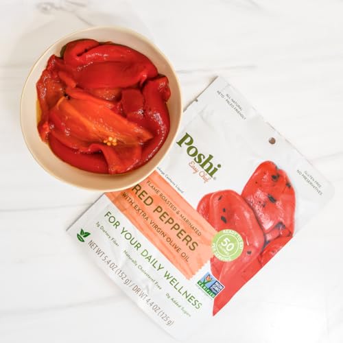 POSHI Flame Roasted Red Peppers in Extra Virgin Olive Oil Natural, Keto, Vegan, Non GMO, Low Carb + Calorie, Gluten Free, Ready to Eat, Fully Cooked Vegetables, Pentry Food, Gourmet, 6 Pack, 5.4 oz - Thumbnail 3