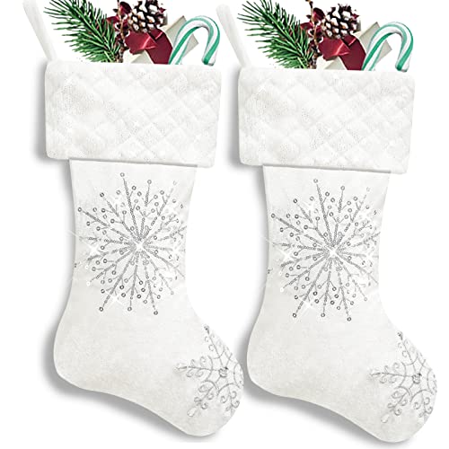 White Christmas Stocking For White Christmas Decoration, White Faux Fur Stocking For Christmas With Glitter Snowflakes For Xmas Hanging Decoration #TOP1