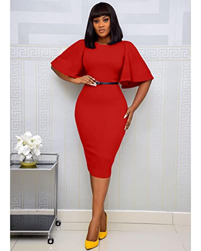 Image of Memoriesea Women's Basic Bodycon Ruffle Flared Short Sleeve Pencil Midi Dress