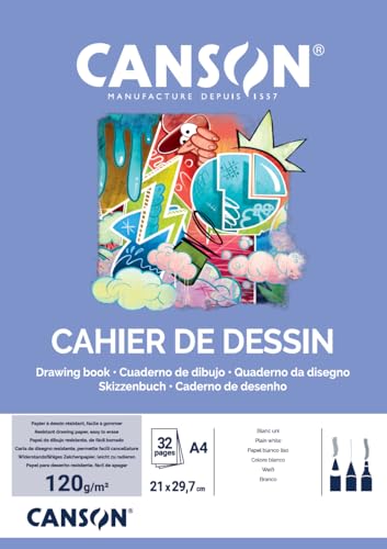 Canson Papier à dessin blanc, grain fin, 120 g/m², carnet agrafé, A4, 21 x 29,7 cm, blanc