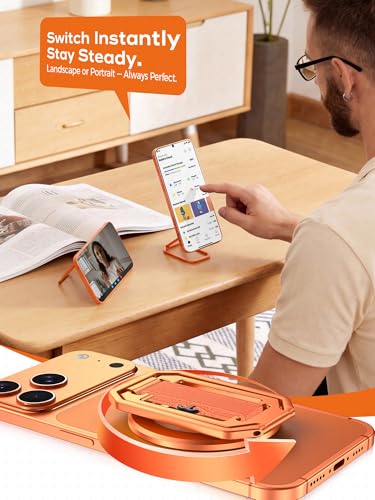 Image of 【On-the-Go】Pro Aluminum Phone Grip Stand for MagSafe,【Extendable】360 Rotatable Magnetic Ring Holder with【Anti-Slip】Finger Strap for iPhone 17 16 Pro Max Portrait Landscape & Mag Safe Case - Orange