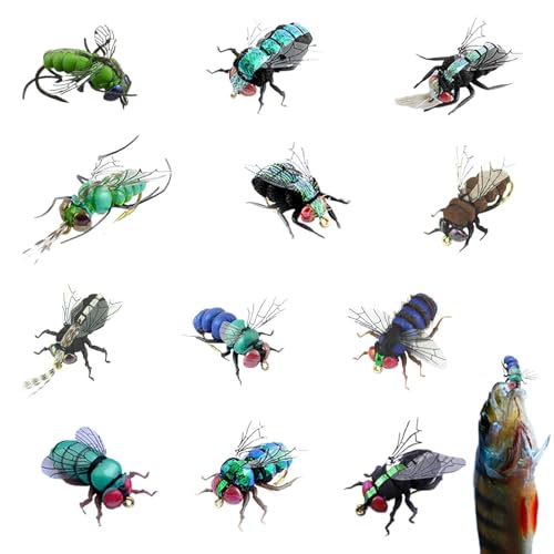 Angelfliegen-Set, Fliegenfischer-Sortiment | Forellenköder-Set mit 12 Stück,Handgebundener, realistischer, in Boxen enthaltener Lachsfisch-Fliegenbarsch-Köder mit Haken für Süßwasser