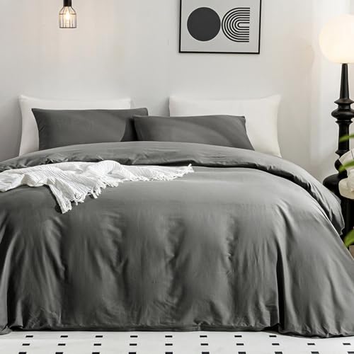 Image of JELLYMONI Gray Duvet Cover Full Size - 100% Washed Cotton Linen Like Textured Comforter Cover, 3 Pieces Breathable Soft Bedding Set with Zipper Closure (Dark Gray, Full 80 inchx90 inch)