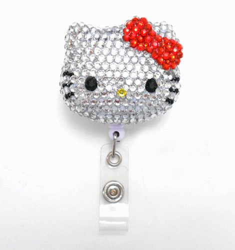 3D Cutie Blinged Out Red Bow Kitty Inspired Rhinestone Badge Reel/Name Badges/ID Badge Holder