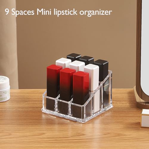 Image of Lipstick Lipgloss Organizer, Clear Acrylic Compact Holder with 9 Slots | Lipstick holder for cosmetic items, fits roller‑ball perfume and essential‑oil bottles, dresser and bathroom countertops