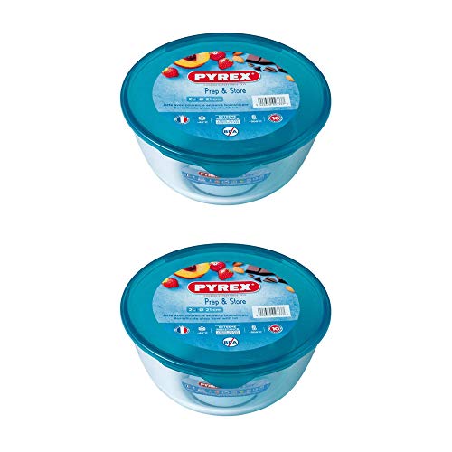 Pyrex Microwave Safe Classic Round Glass Dish Plastic Lid 2.0 Litre Blue (Pack of 2)
