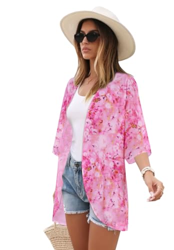 Image of CHICGAL Womens Floral Kimono Cardigan Beach Cover Up Casual Summer Tops | 2026 Puff Sleeve Open Front Chiffon Outfit,Hawaiian Shirt,Beach Vacation Swimwear, Plus Top,Boho ladies Blouse,Cruise Resort